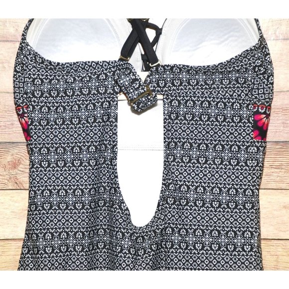 Kona Sol Black White Swimsuit Cut Out Back One Piece Size M V-Neck Floral Trim - Picture 8 of 11